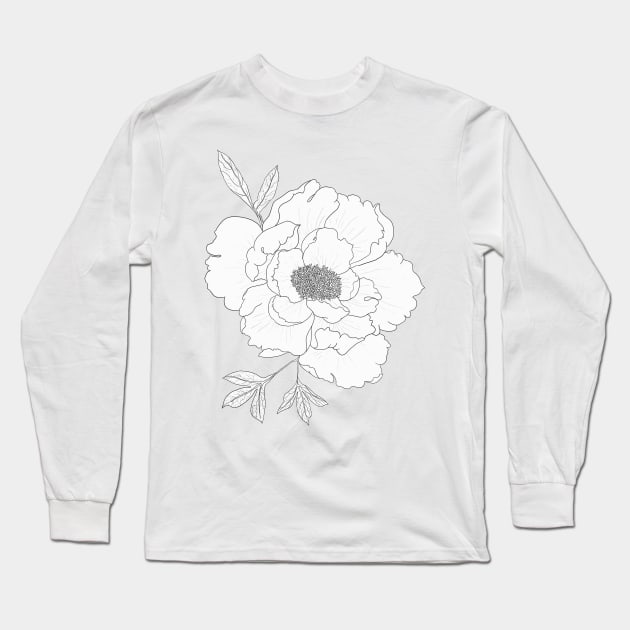 Peony Pattern - Flower Line Art Long Sleeve T-Shirt by AnitasArtStore